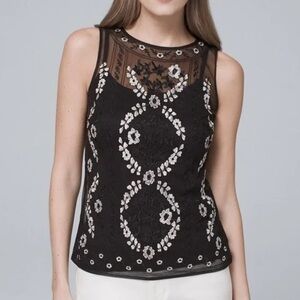 White House Black Market sheer lace black and white top